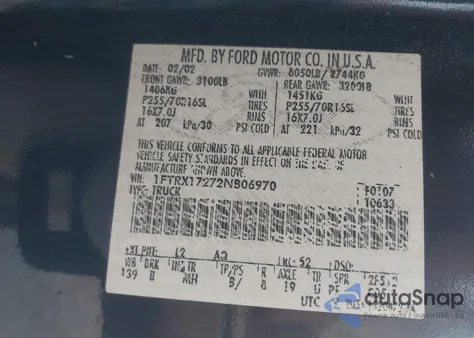 2002 Ford F-150 Xl/Xlt z USA, uszkodzony, nr VIN 1FTRX17272NB06970